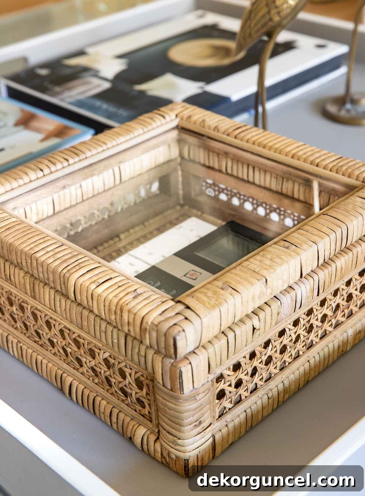 Cane and rattan box holding TV and fireplace remotes