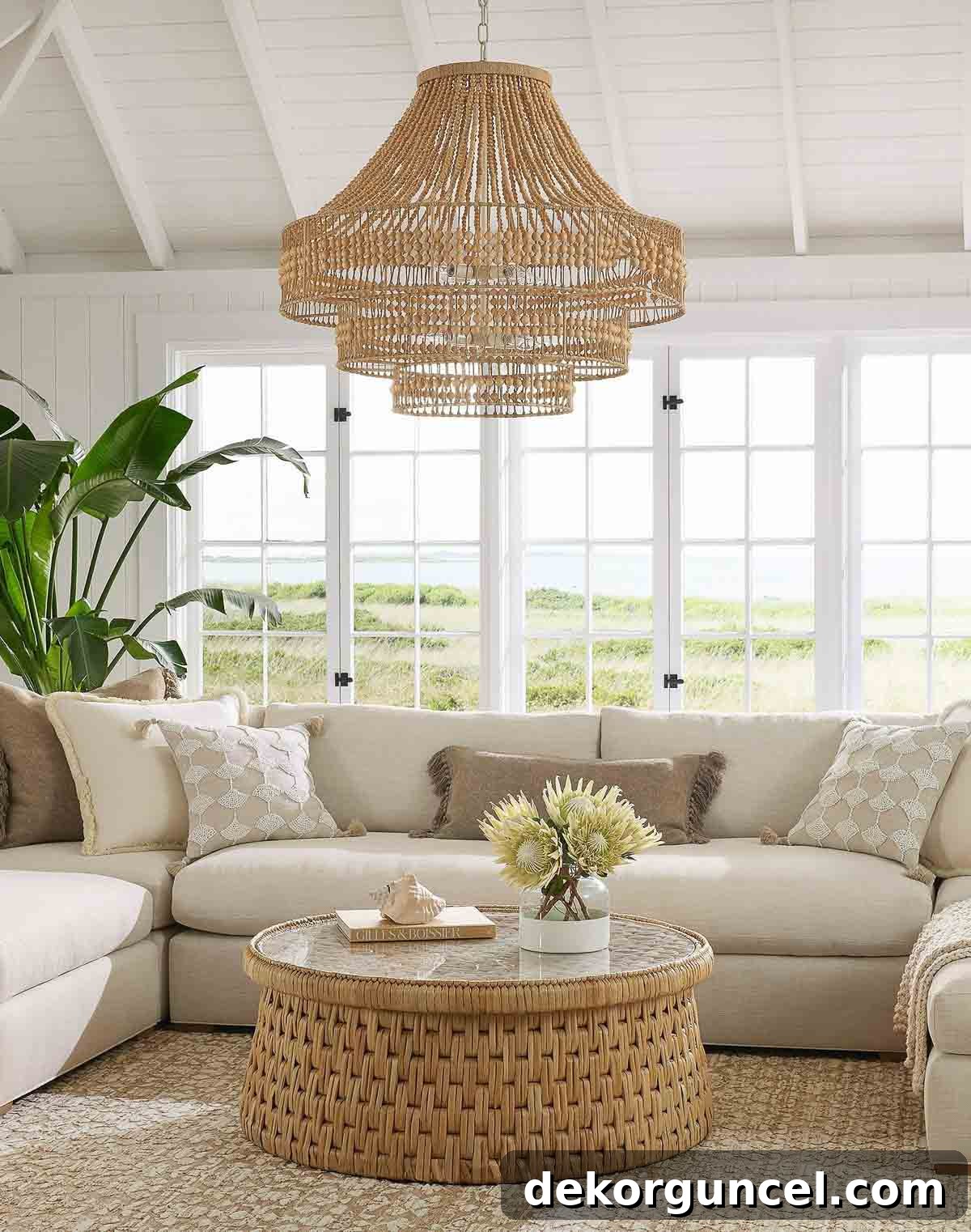 Round woven coffee table with minimalistic decor