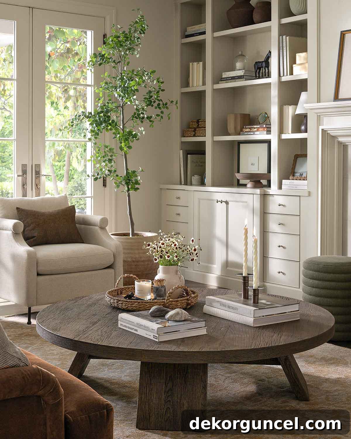 Round coffee table with styled decor
