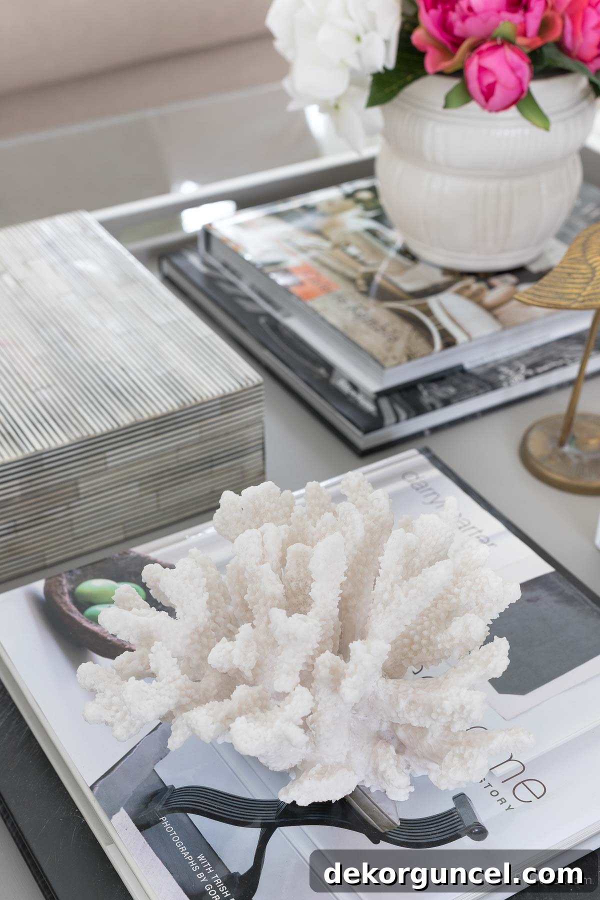 Faux coral as coffee table decor