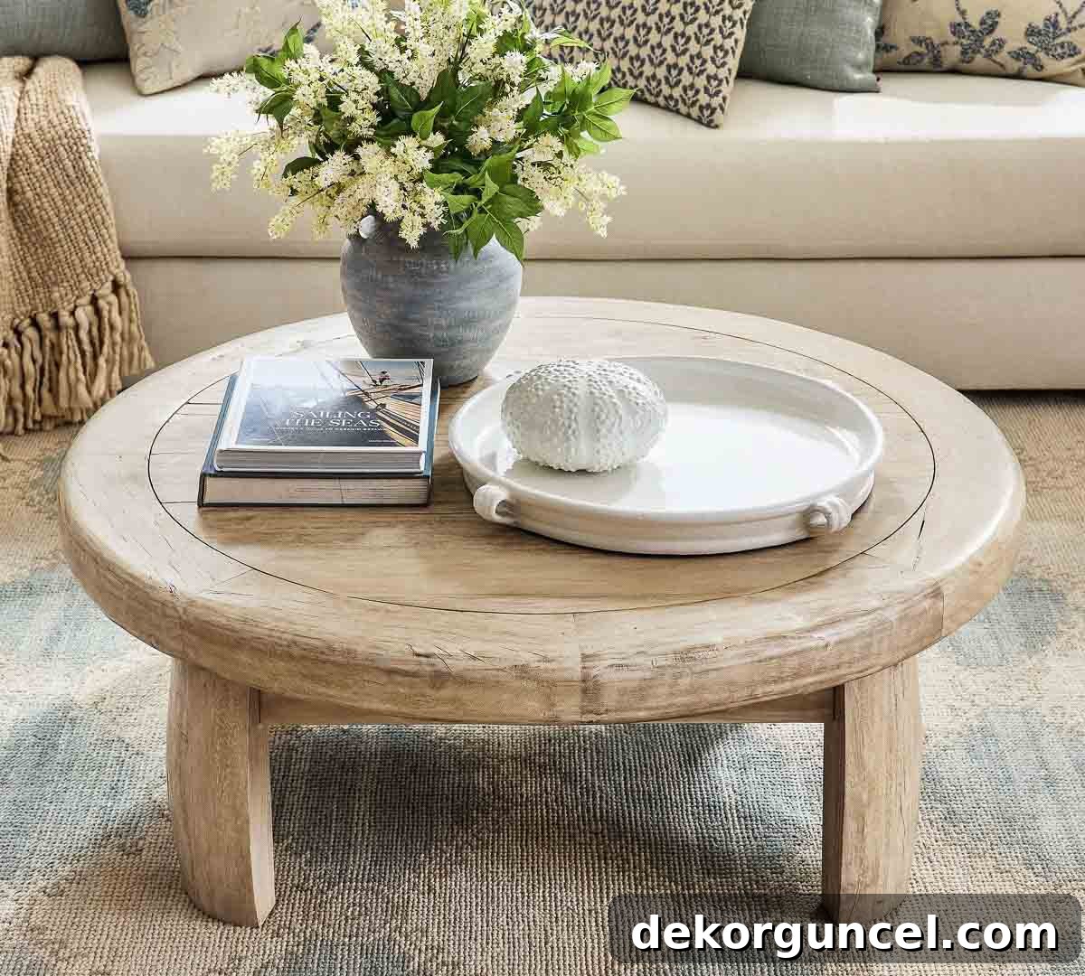 Faux greenery on a round coffee table