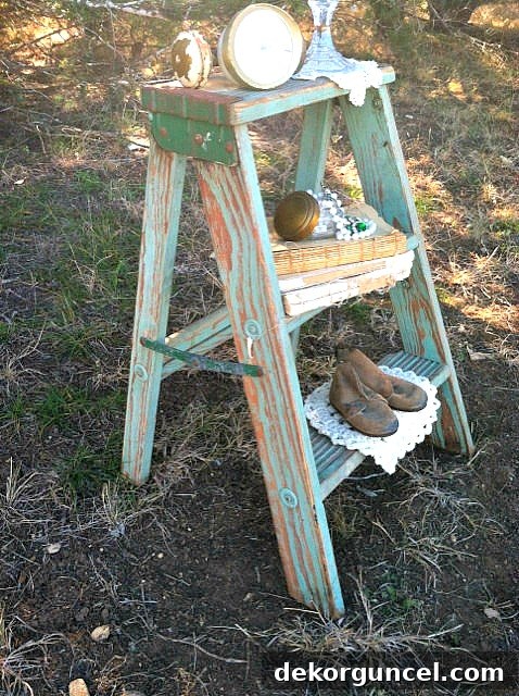 A short vintage step ladder makes a great unique nightstand!