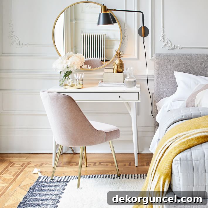 One 2021 design trend is double duty decor like this small desk that doubles as a nightstand