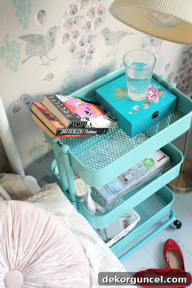 This rolling cart makes a unique small space nightstand