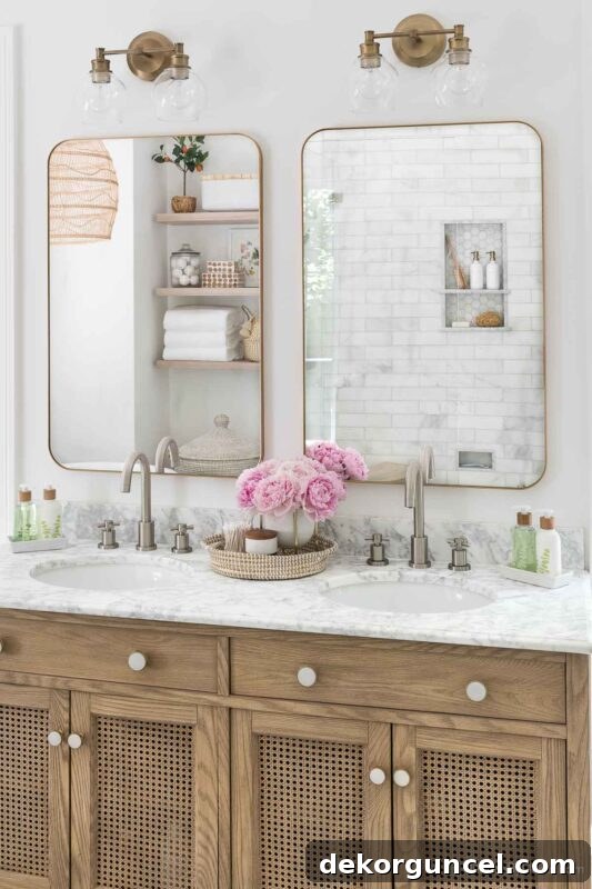 Rectangular mirrors with subtly curved corners over double vanity in gold finish