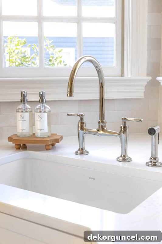 Polished nickel bridge faucet in our kitchen