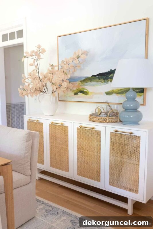 Dining room console in coastal style with cane doors