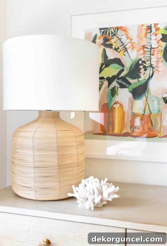 Large rattan lamp making a statement on a dresser