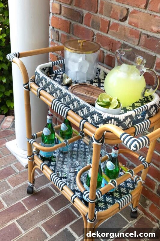Rattan bar cart used for outdoor entertaining and indoor storage