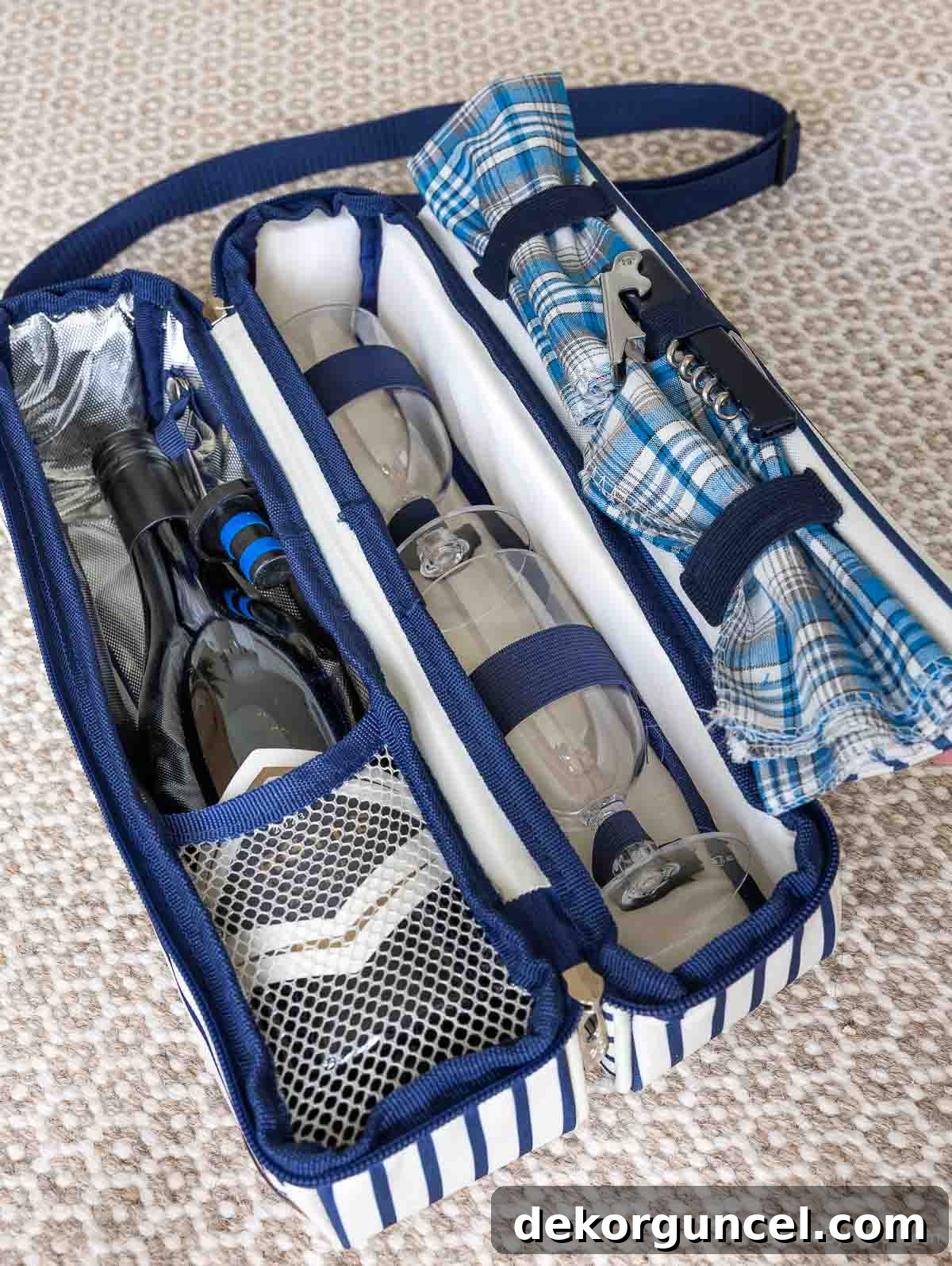 Simple Charcuterie Board Party Ideas For Stress Free Entertaining 6 Wine tote with holders for wine bottle, glasses, an opener, and napkins