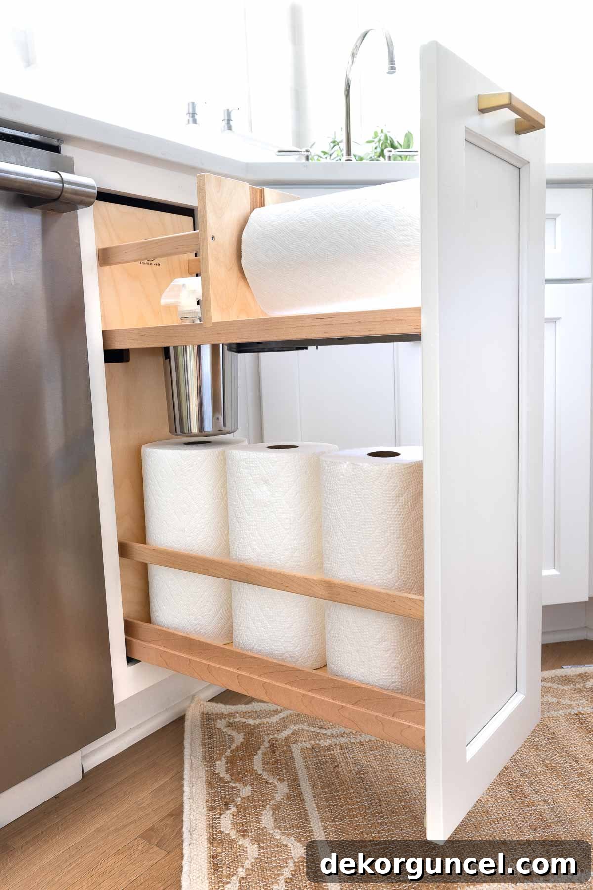 Built-in paper towel pull-out next to kitchen sink, keeping countertops clear.