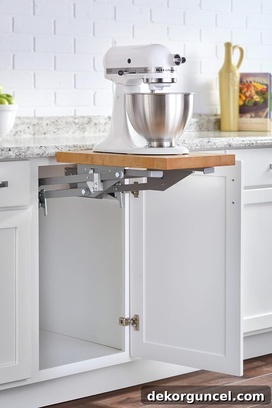 Kitchen cabinet with a built-in appliance lift, raising a stand mixer to countertop height.