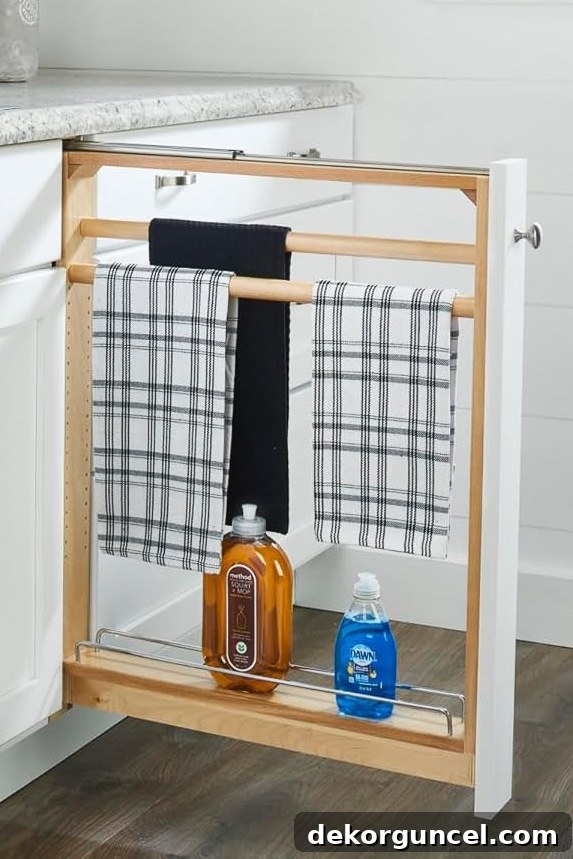 Narrow pull-out towel holder built into a kitchen cabinet for discreet towel storage.