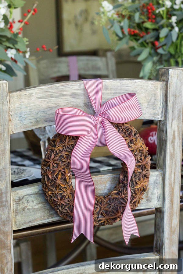 Create Aromatic Star Anise Wreaths 2 Fragrant star anise wreaths tied onto the back of dining chairs for the holidays