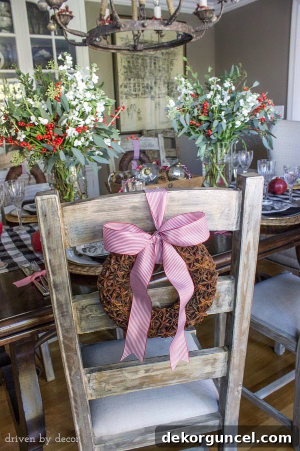 Create Aromatic Star Anise Wreaths 3 Star anise wreaths tied onto the back of dining chairs are part of this festive holiday table