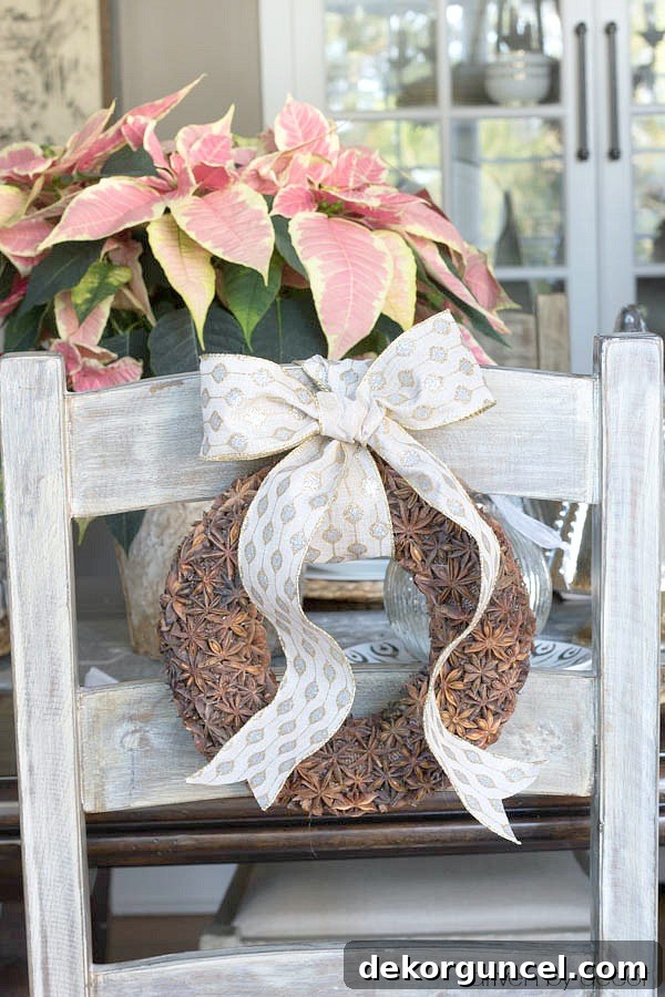 Create Aromatic Star Anise Wreaths 7 Small star anise wreaths tied to ladderback chairs for Christmas