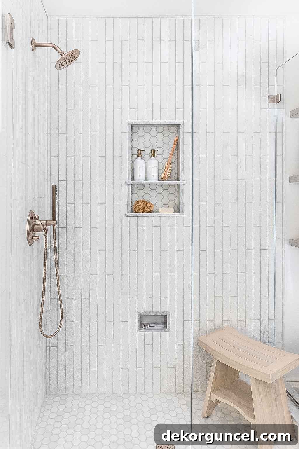 Rendered image of subway tile in a staggered vertical brick pattern within a shower, showing a dynamic modern layout.