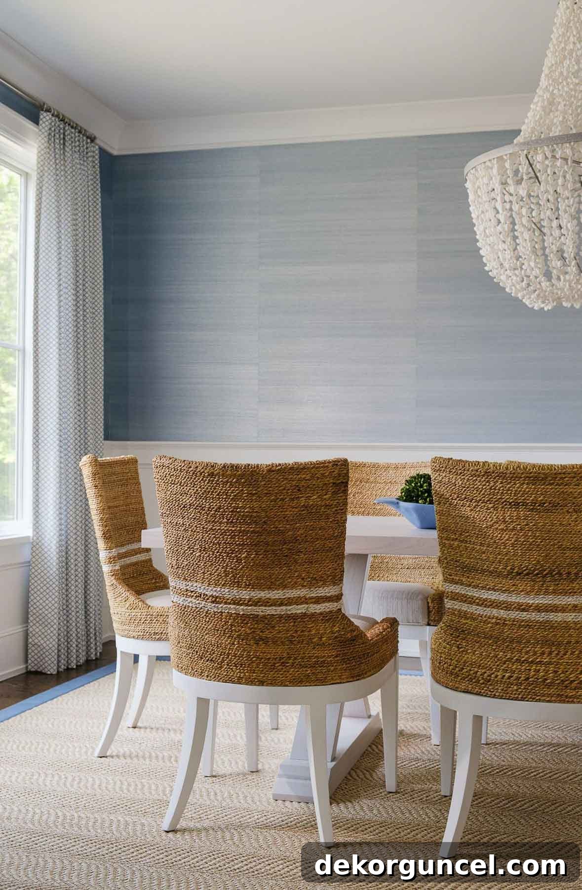 Woven dining chairs at dining table