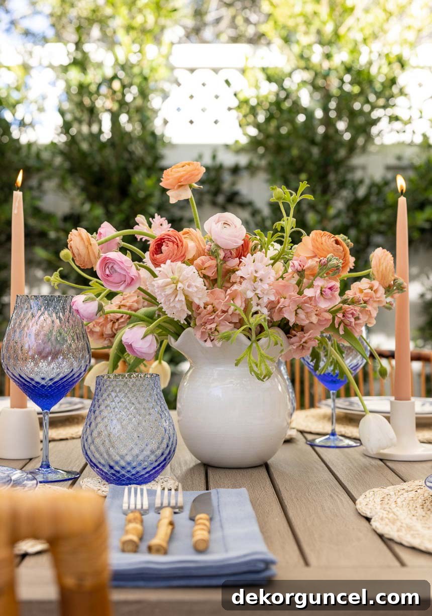 Ruffle vase filled with flowers as dining table centerpiece