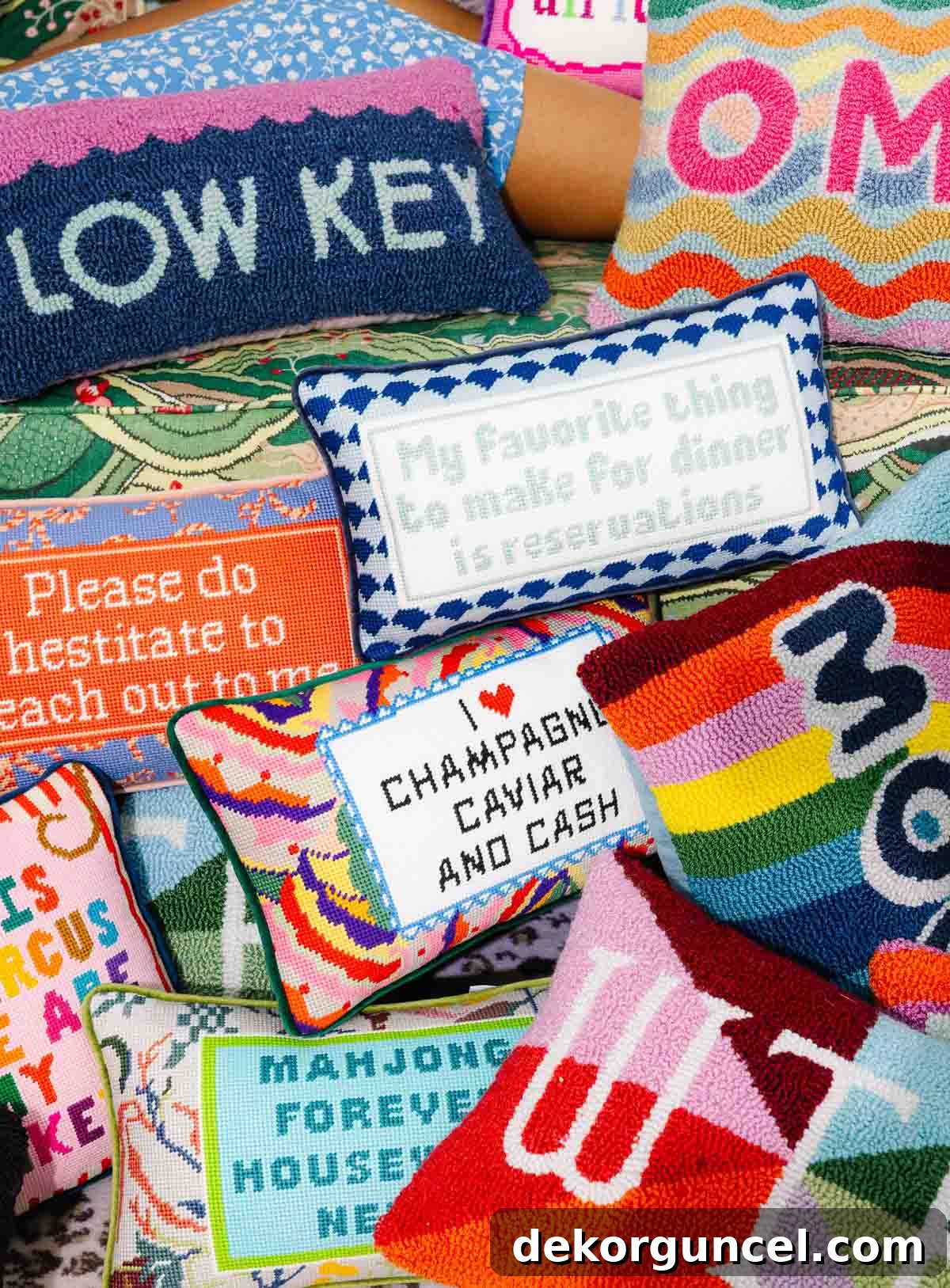 Needlepoint pillows with fun sayings