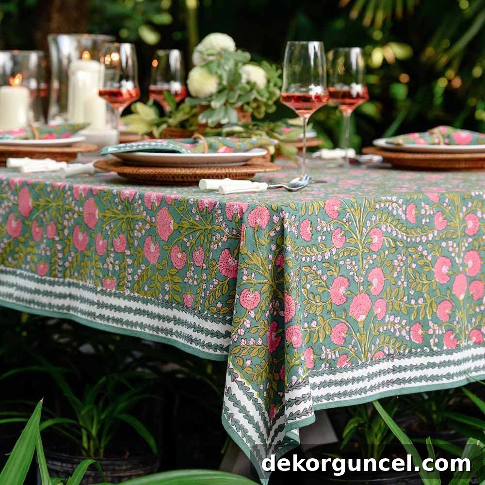 Green and pink block print tablecloth