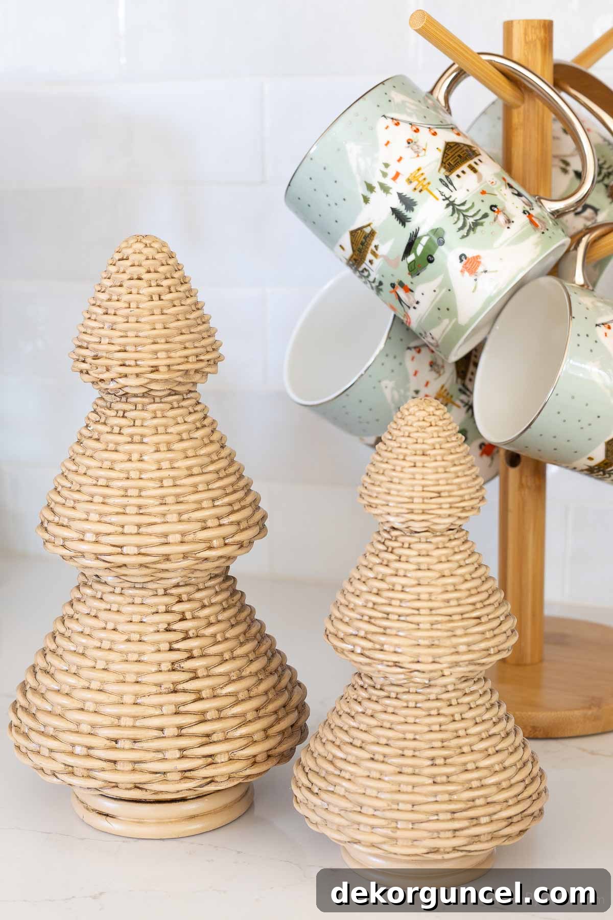 Woven rattan Christmas trees displayed on family room shelves