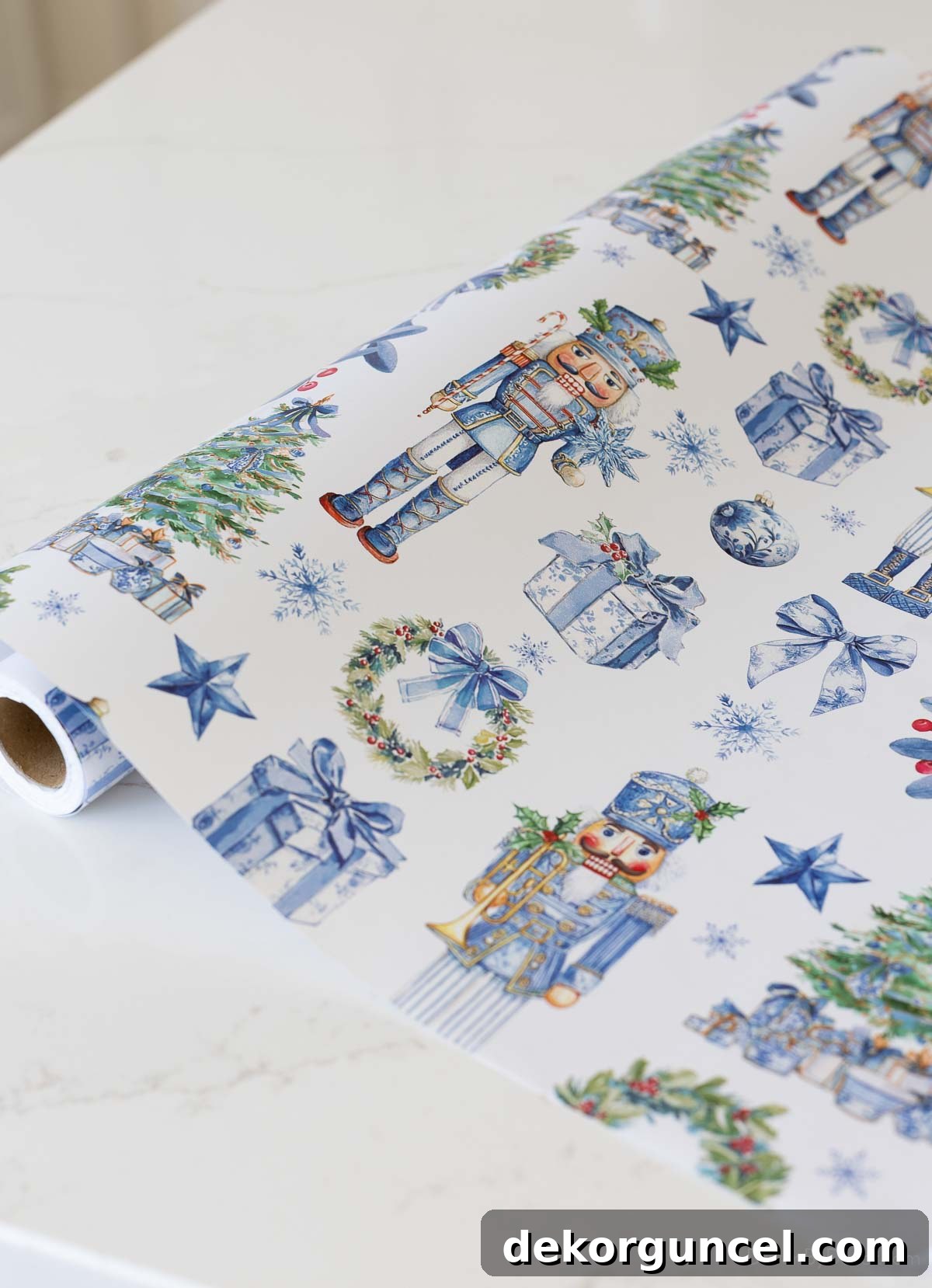 Blue nutcracker patterned wrapping paper for coastal Christmas gifts