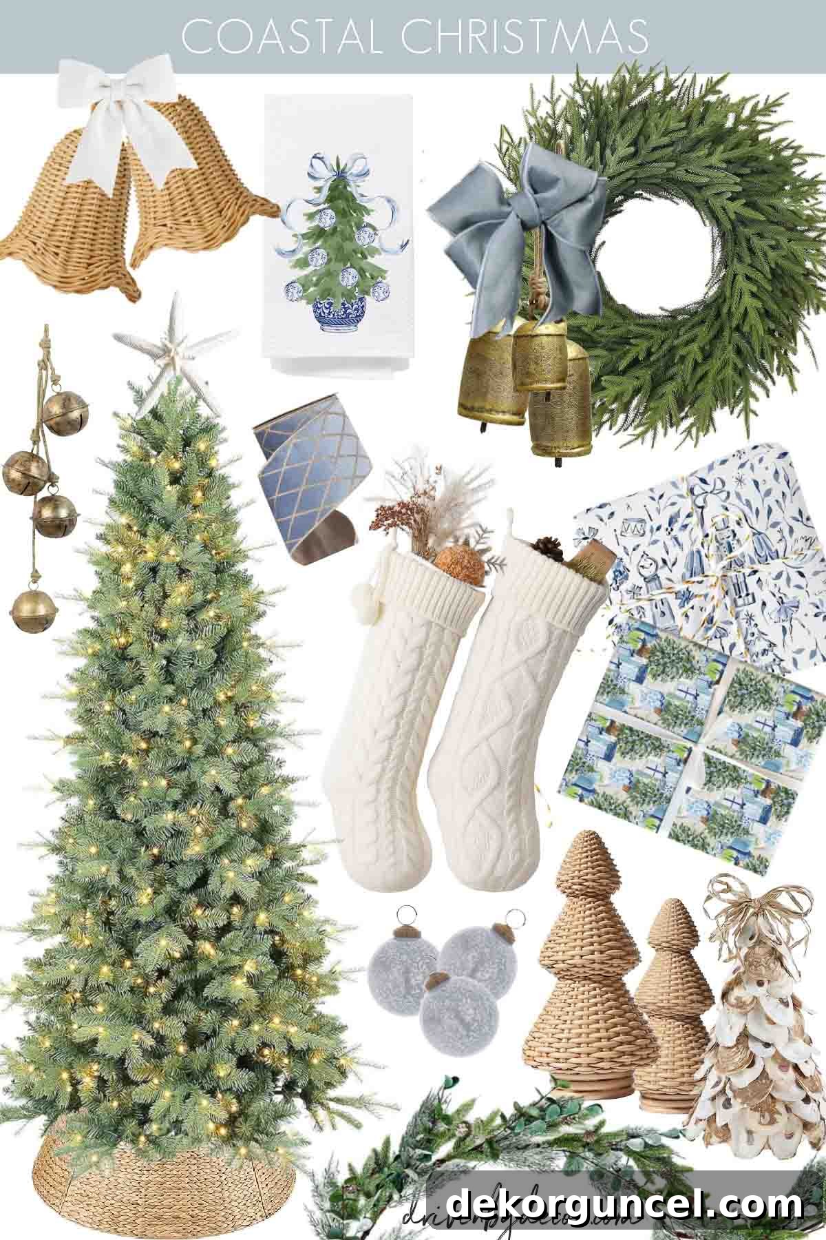Coastal Christmas decor featuring blue, white, and natural elements