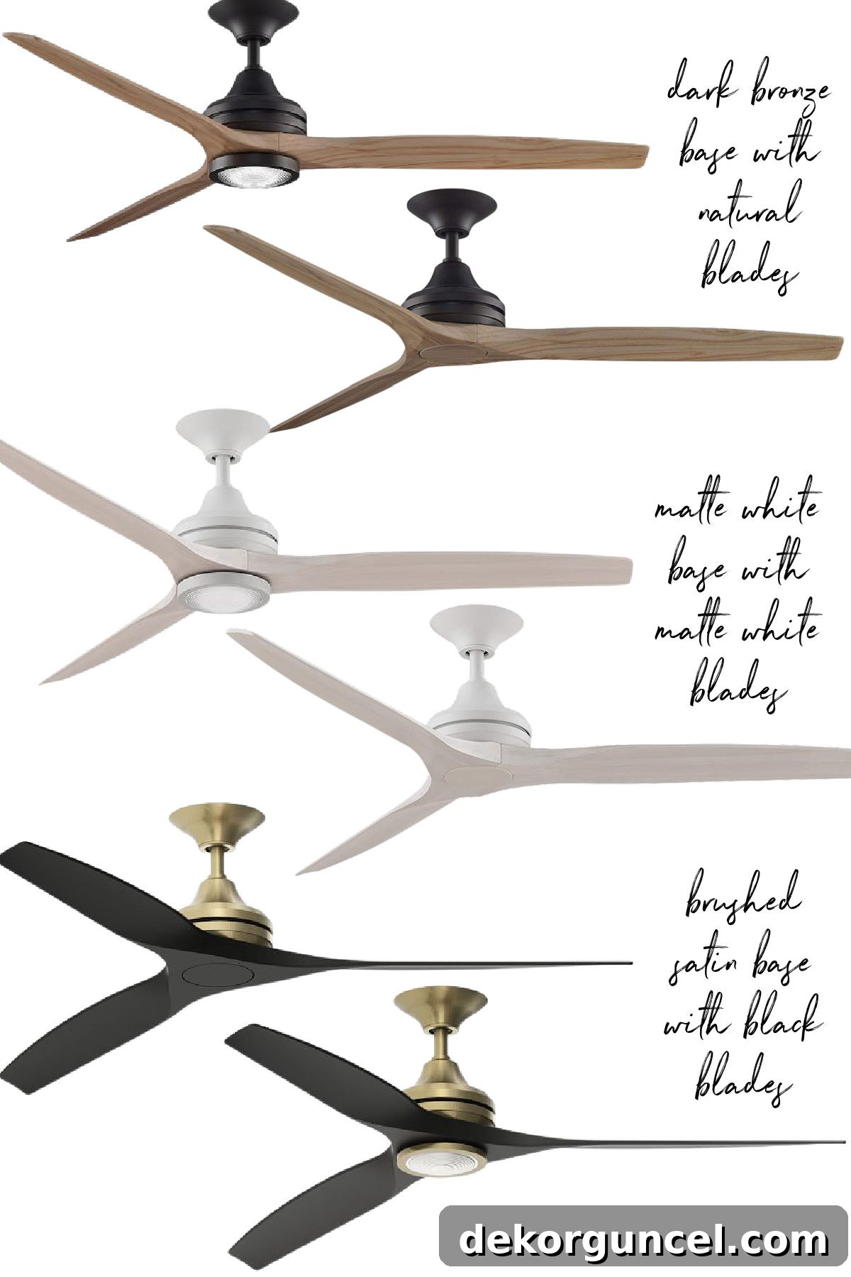 Stylish bedroom ceiling fans with and without lights, showcasing various designs
