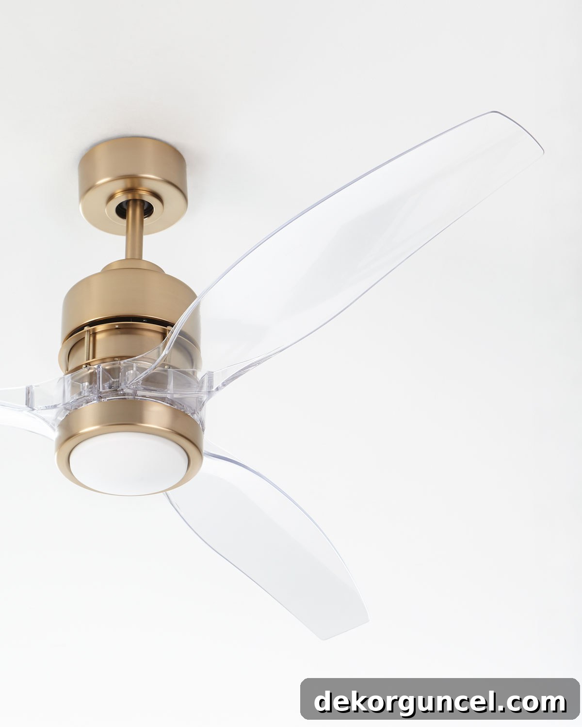 Beautiful ceiling fan with satin brass base and clear acrylic fan blades