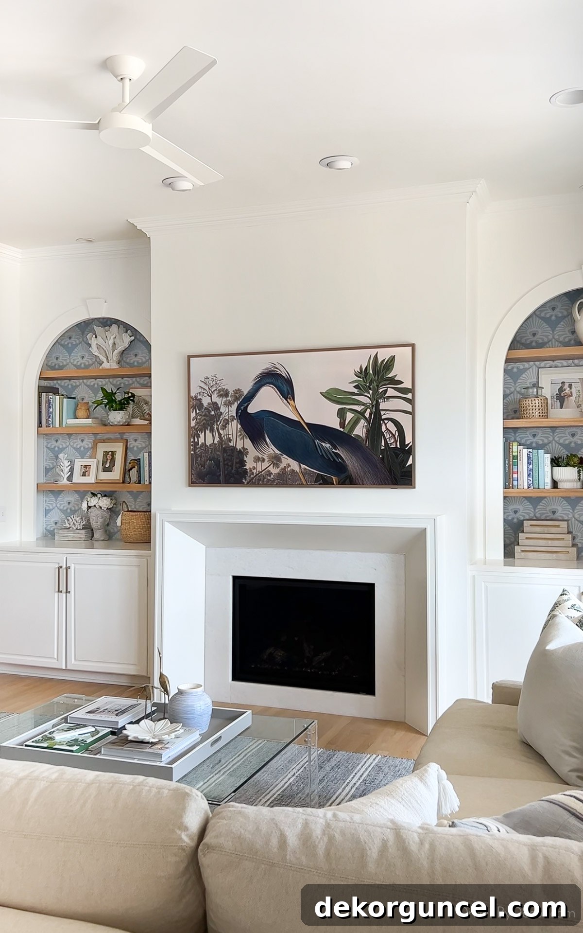 White Minka Aire Roto ceiling fan in a modern family room