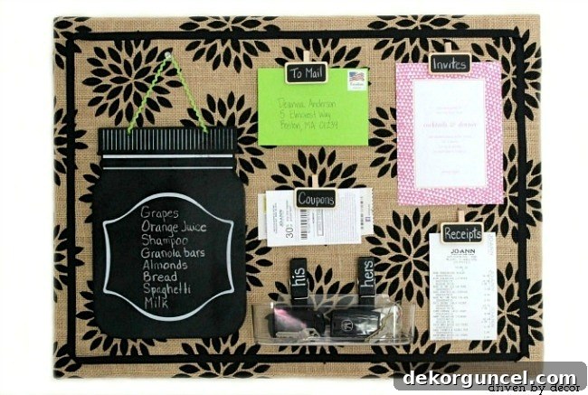 Handcrafted Burlap Pinboard 2 Beautifully finished DIY patterned burlap bulletin board with custom clips for kitchen organization