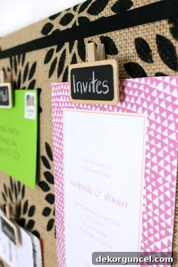 Handcrafted Burlap Pinboard 12 Organized bulletin board with re-writable chalkboard clips holding receipts, coupons, and mail