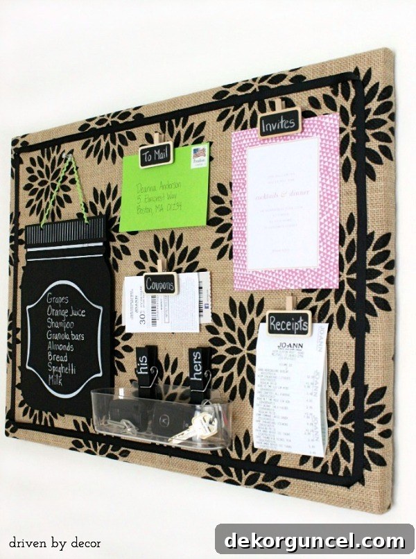 Handcrafted Burlap Pinboard 13 Completed DIY burlap wrapped bulletin board, a stylish and functional solution for home organization