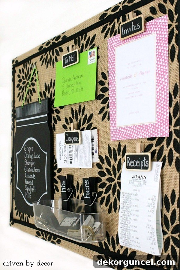 Handcrafted Burlap Pinboard 3 Close-up of a stylish burlap bulletin board, perfect for home organization and decor