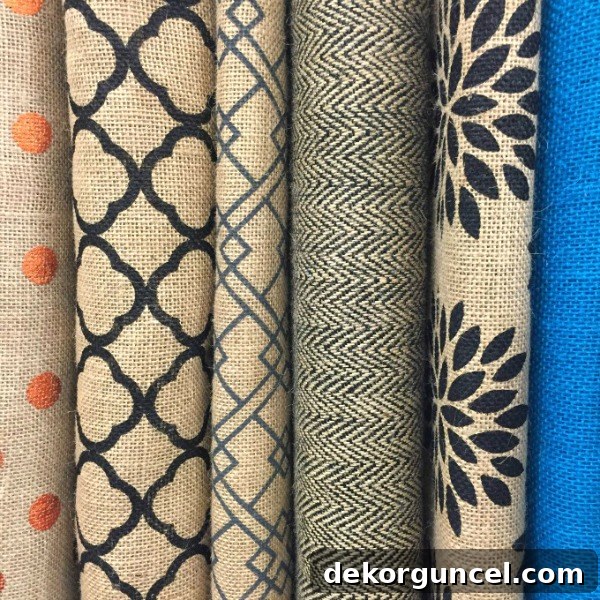 Handcrafted Burlap Pinboard 4 A vibrant selection of patterned burlap fabrics, perfect for DIY home decor projects