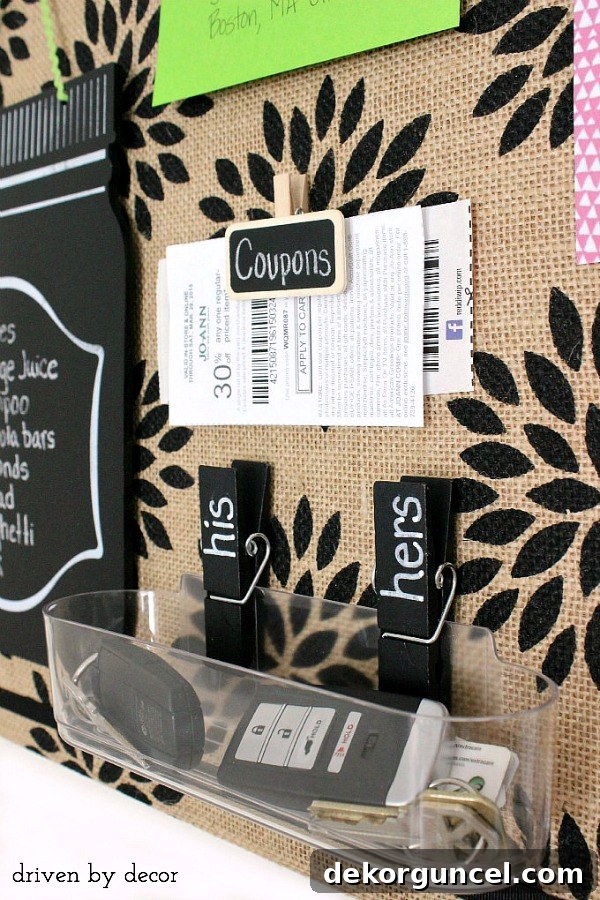 Handcrafted Burlap Pinboard 10 Creative use of chalkboard clips to attach a clear caddy for keys and small items on a bulletin board