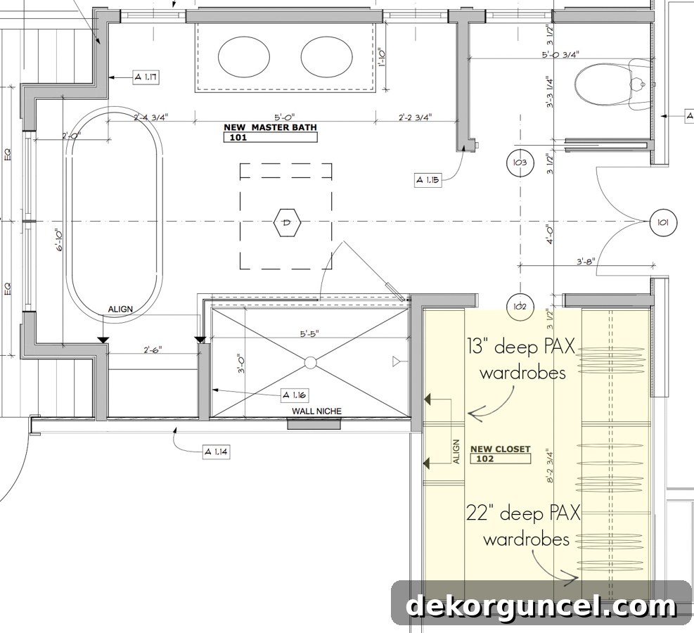 Detailed floor plan showing the strategic placement of 22-inch and 13-inch deep IKEA PAX wardrobe frames in a walk-in closet design.