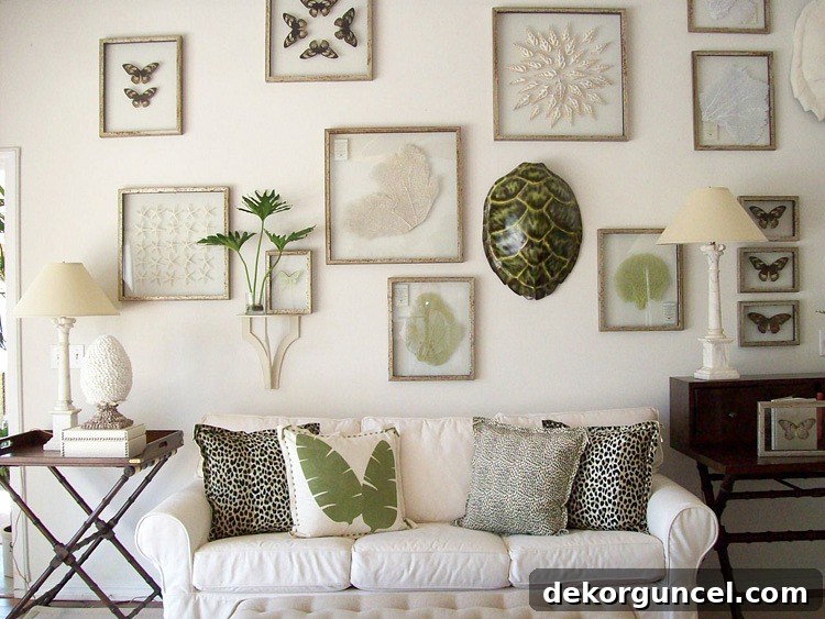 Faux turtle shell integrated into a diverse gallery wall above a sofa.