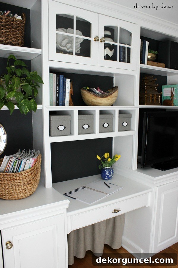 Home office bookcase featuring a stylish black backdrop and a DIY fabric skirt under the desk to hide cord clutter