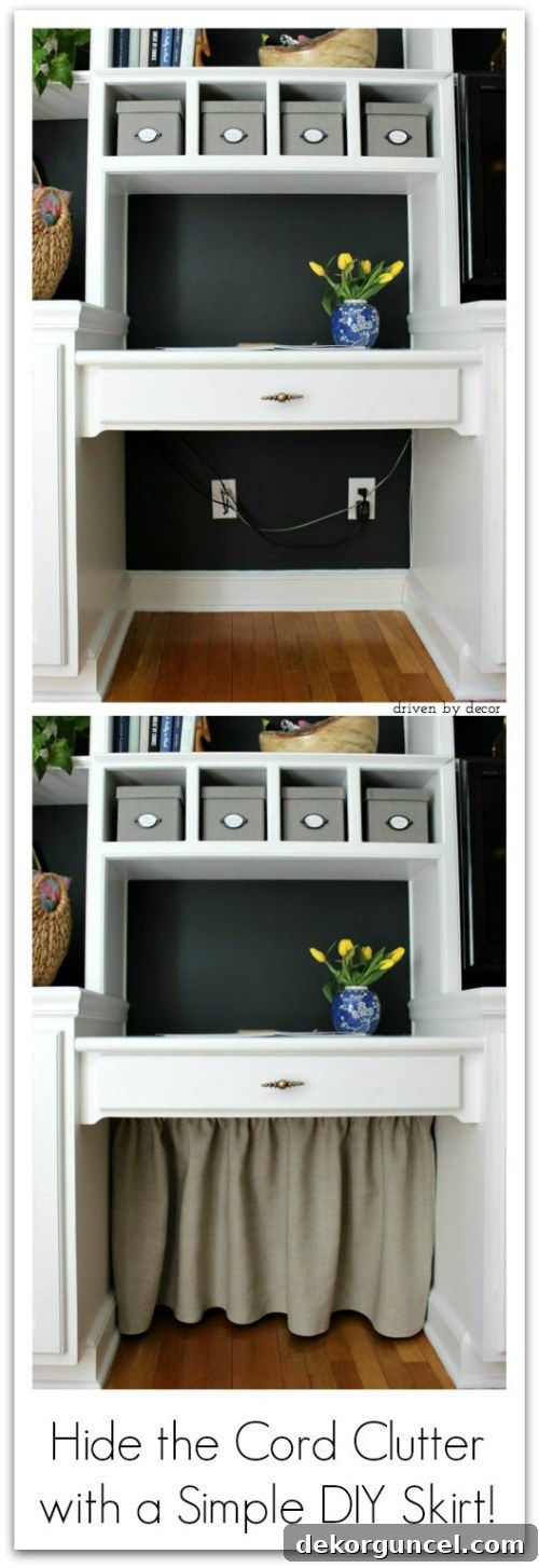 Smart and simple way to hide under-the-desk cord clutter with a DIY fabric skirt, enhancing home office aesthetics