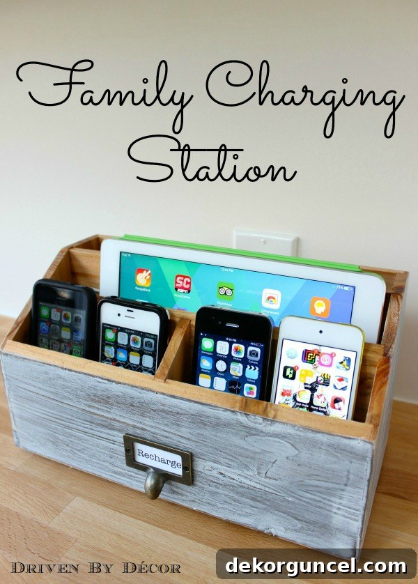 Detailed image showcasing how to create a super convenient family charging station from a simple letter sorter!