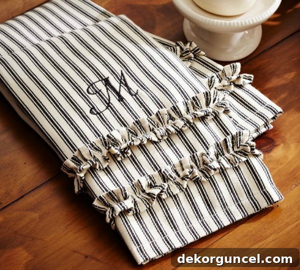Elegant ticking stripe ruffled guest towels, perfect for a refined bathroom decor.