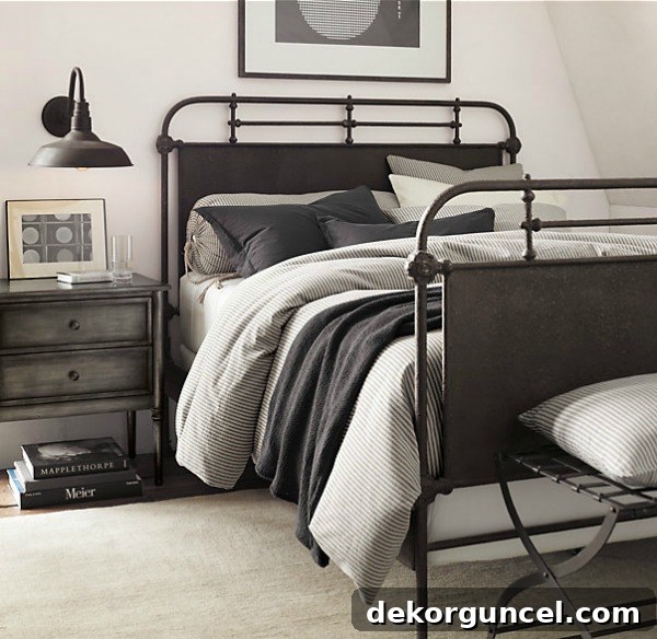 Elegant ticking stripe duvet cover from Restoration Hardware, perfect for a serene bedroom.