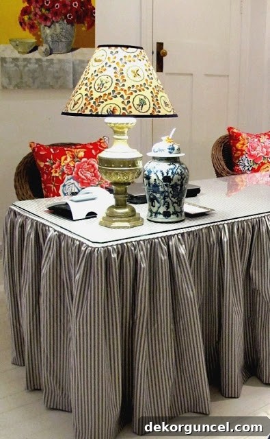 Stylish desk skirt made with ticking stripe fabric, a unique interior design accent.