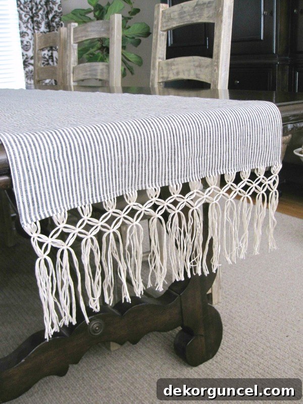 Timeless Ticking Stripe Decorating Ideas 7 Handmade macrame fringe table runner tutorial, featuring ticking stripe fabric for a unique dining room centerpiece.