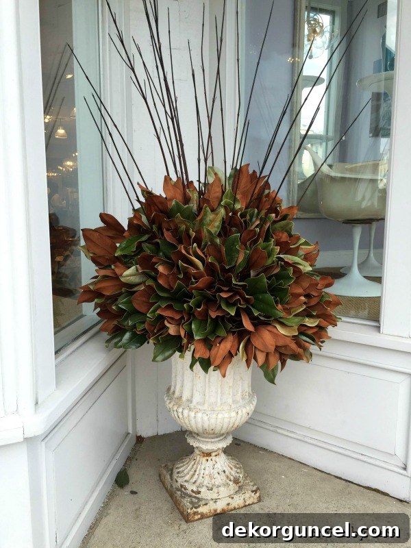Magnolia leaves in urns as holiday decorations