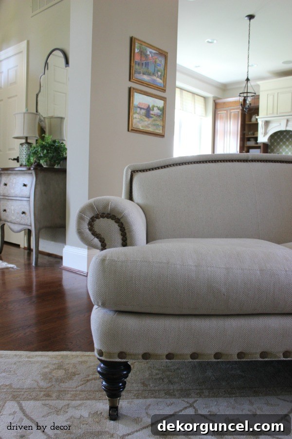 Stylish sofa with elegant nailhead trim and practical casters, showcasing luxurious home furniture.