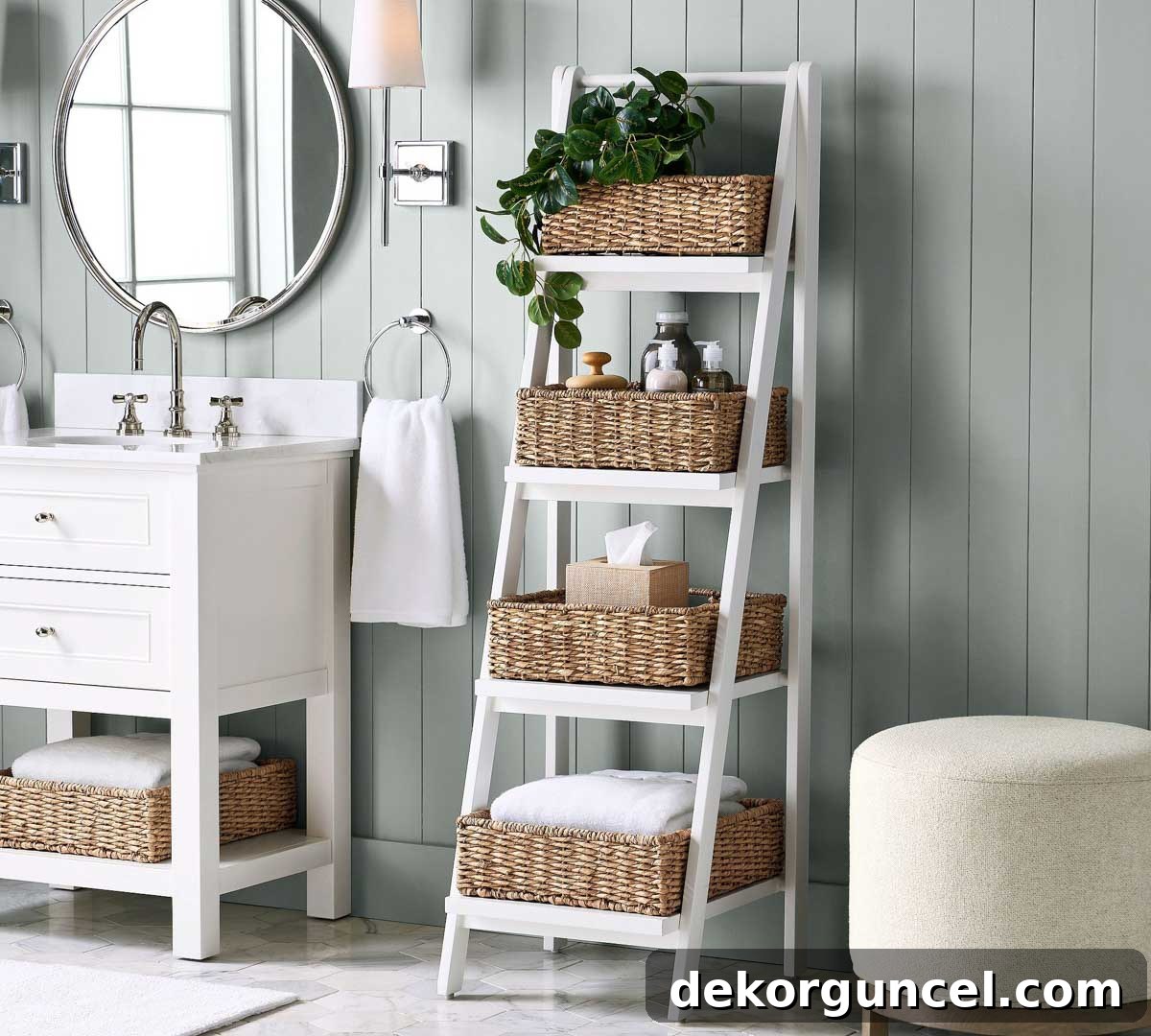 Elevate Your Home Decor With Clever Ladder Designs 4 Ladder basket storage in a bathroom