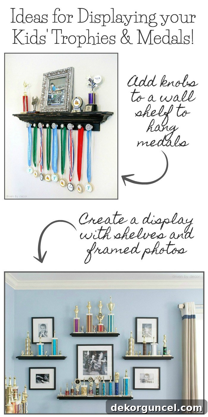 Creative ideas for displaying children's trophies, medals, and ribbons proudly on the wall.